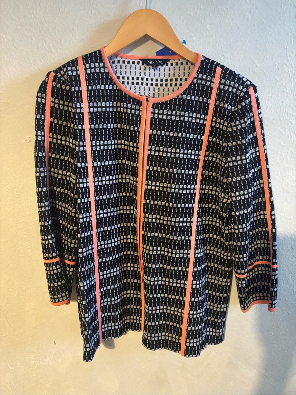 Misook Black & White Knit‎ Jacket with Coral Trim